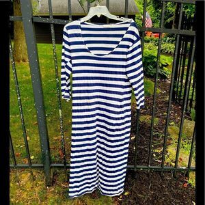 CHRISTINA LEHR cotton navy and white striped maxi dress
